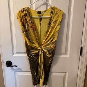 Joyce Leslie Y2K‎ Vintage Yellow & Brown Sparkly Lily Club Deep V Knot Dress S